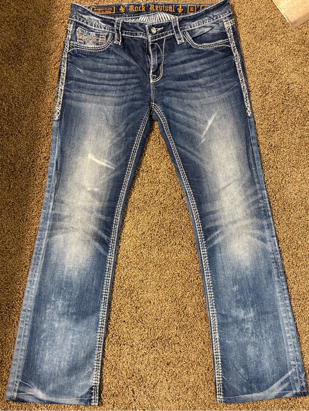 Size 31 Women Rock Revival Dark/faded Blue Embellished Pocket flare leg Jeans - Picture 2 of 8
